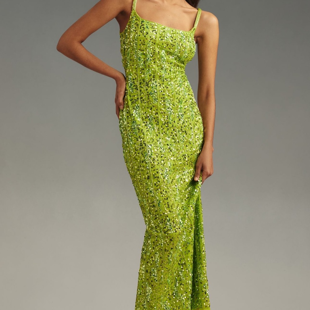 Mac Duggal Green Sequin One Shoulder Bodycon Maxi Dress